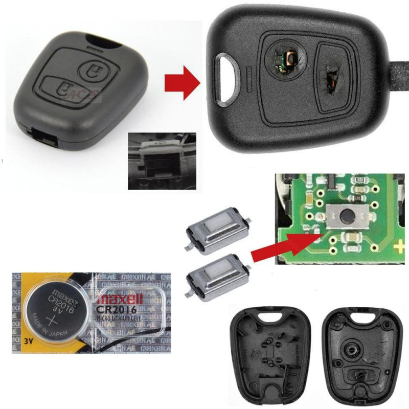 PEUGEOT DIY Kit de réparation - remplacement 2 boutons télécommandé clés  voitures boîte avec lame , Batterie et micro-interrupteurs pour 106 206 306