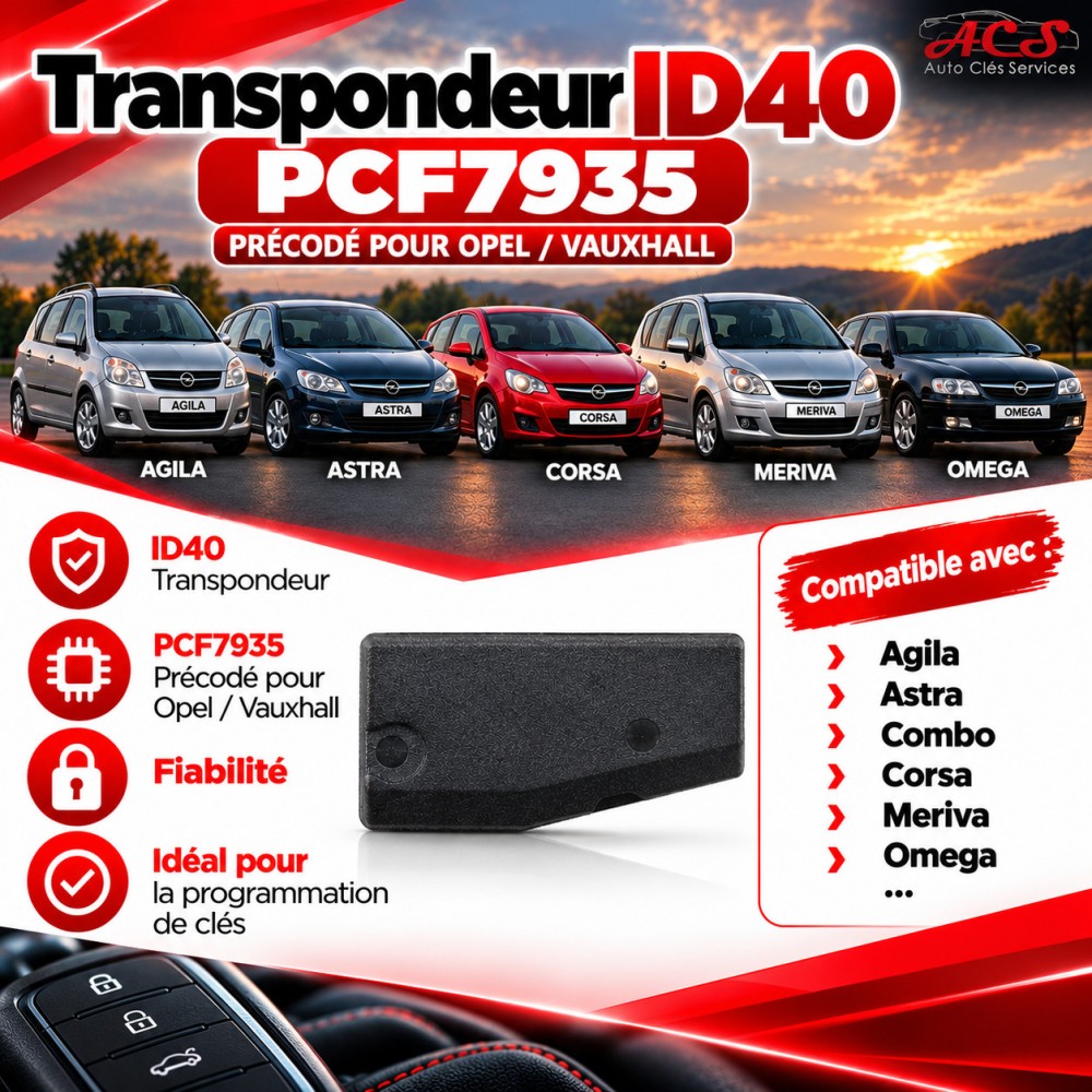 Transponder ID40 PCF7935 compatible with Opel AGILA ASTRA CORSA MERIVA ACS